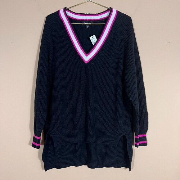Express Oversized High/Low Hem V-Neck Black Tunic/Sweater NWT - Picture 2 of 9
